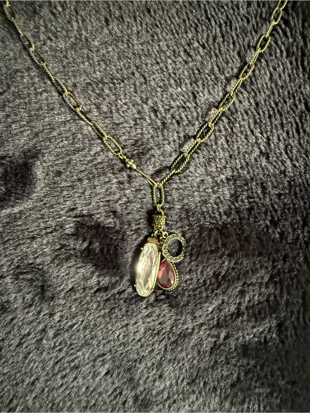 Touchstone Crystal Gold-Tone Necklace with Clear and Ruby Teardrop Charms